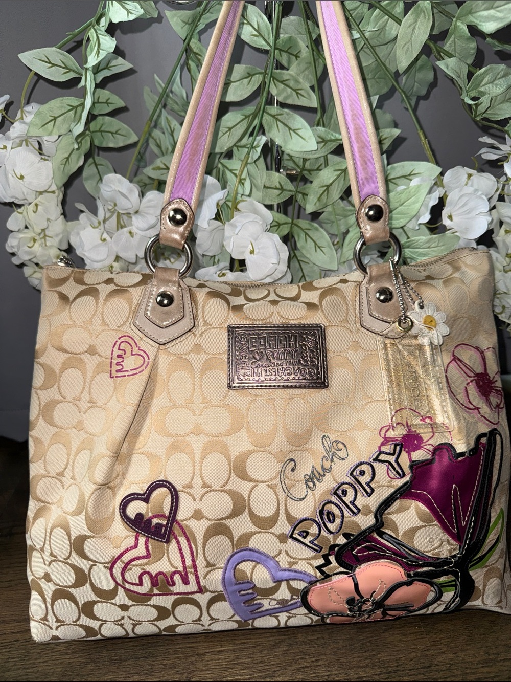 Coach POPPY Beige Canvas Tote with Pink and Purple Accents